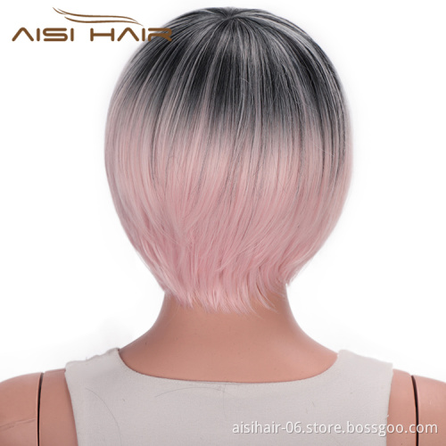 Aisi Hair High Temperature Fiber Straight Short Bob Wigs Ombre Pink Short Bob Wigs with Neat Bangs Cosplay Short Bob Wigs